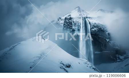 A snowy mountain peak and a frozen waterfall create a breathtaking, chilly winter scene. 119006606