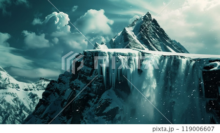 A snowy peak frames a frozen waterfall, its suspended cascade creating a mesmerizing silhouette. 119006607