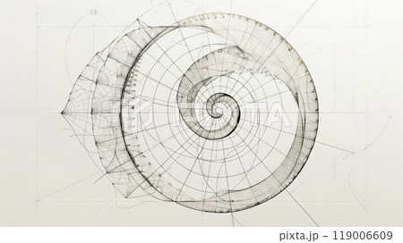The golden ratio, shown through the Fibonacci spiral, is key in design and art, often sketched on white. 119006609