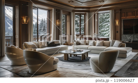 A luxurious living room boasts floor-to-ceiling wooden panels, ideal for intimate gatherings or grand celebrations. 119006627