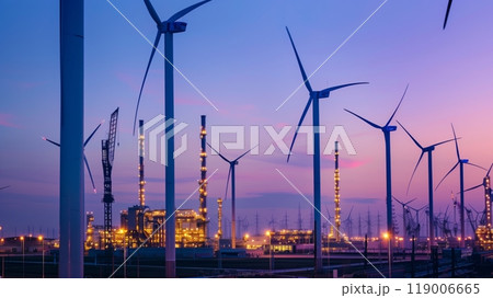 An industrial park at twilight, neon lights reflecting off sleek structures, wind turbines casting shadows. 119006665