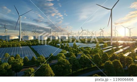 A high-tech industrial park offers sustainable energy via integrated wind turbines and solar panels. A high-tech industrial park offers sustainable energy via integrated wind turbines and solar panels. 119006666
