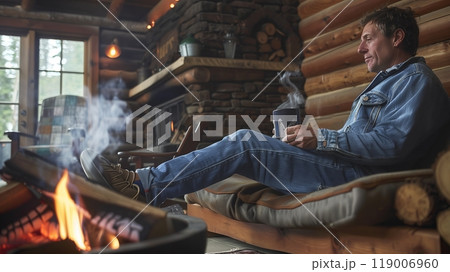 In a cozy cabin, a man in denim and moccasins enjoys coffee by the fire, surrounded by vintage decor. In a cozy cabin, a man in denim and moccasins enjoys coffee by the fire, surrounded by vintage decor. 119006960