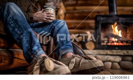 A man in denim and moccasins enjoys coffee by a roaring fire in a rustic cabin, basking in the warmth. 119006961