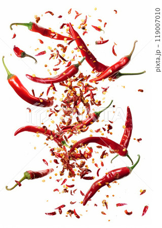 Falling red hot chili peppers on white background Falling red hot chili peppers on white background 119007010