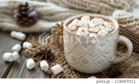 Cup of chocolate drink, adorned with whipped cream with marshmallows, on a wooden table. 119007011