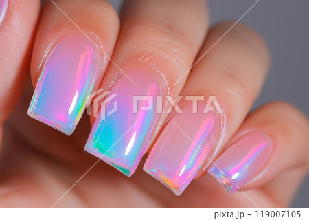 Shiny iridescent pink nails with a soft glow, reflecting pastel hues with a glossy, smooth finish 119007105