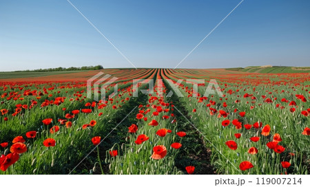 A field with bright red poppies among crops creates a picturesque, semi-wild scene under a clear blue sky. 119007214