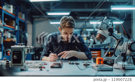 An industrial designer crafts a sleek gadget prototype in a state-of-the-art workshop, ensuring top innovation. 119007228