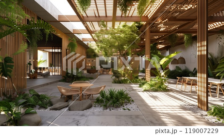 A modern, eco-friendly workspace with natural elements creates a harmonious, productive environment. 119007229