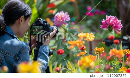 A blogger captures vibrant flower photos in an outdoor garden. A tripod ensures steady, high-quality shots. 119007273