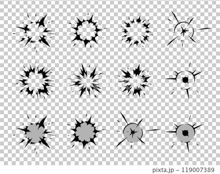 放射状に広がる衝撃のエフェクトのシルエット素材セット 119007389