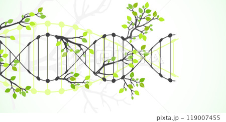 Scientific medical background with abstract image of dna molecule and tree branches. Hand drawn vector illustration. Scientific medical background with abstract image of dna molecule and tree branches. Hand drawn vector illustration. 119007455