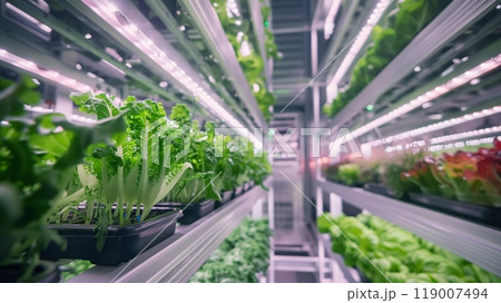 A futuristic vertical farm with stacked trays of veggies under LED lights, maximizing efficiency and conservation. 119007494