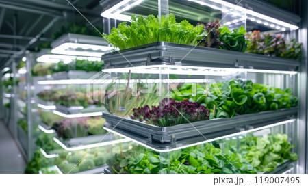 Futuristic vertical farm with stacked trays of veggies under LED lights showcases efficient urban agriculture. Futuristic vertical farm with stacked trays of veggies under LED lights showcases efficient urban agriculture. 119007495