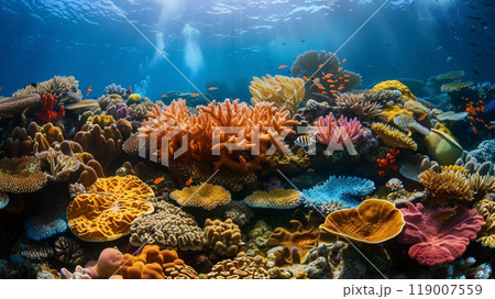 A vibrant coral reef teeming with marine life highlights the richness of underwater ecosystems. 119007559