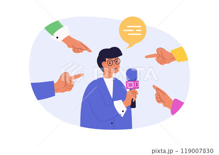 Journalism concept in modern flat design for web. Man with microphone commenting news in press media while surrounded with pointing hands. Speaker talking at press conference. Vector illustration. Journalism concept in modern flat design for web. Man with microphone commenting news in press media while surrounded with pointing hands. Speaker talking at press conference. Vector illustration. 119007830