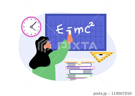 Education concept in modern flat design for web. Woman explaining physics at lesson in school, writing formula at blackboard. Student answering in classroom, getting knowledges. Vector illustration. Education concept in modern flat design for web. Woman explaining physics at lesson in school, writing formula at blackboard. Student answering in classroom, getting knowledges. Vector illustration. 119007850