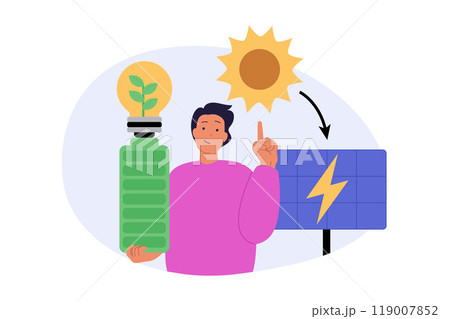 Ecology concept in modern flat design for web. Man using clean green and renewable energy with solar panels generator station and recharging battery for save nature resources. Vector illustration. 119007852