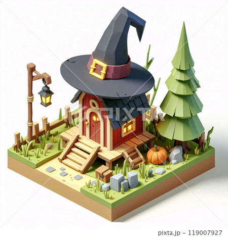 Cozy Halloween Scene, Cartoon Witch House with Pumpkin and Lantern isometric Cozy Halloween Scene, Cartoon Witch House with Pumpkin and Lantern isometric 119007927
