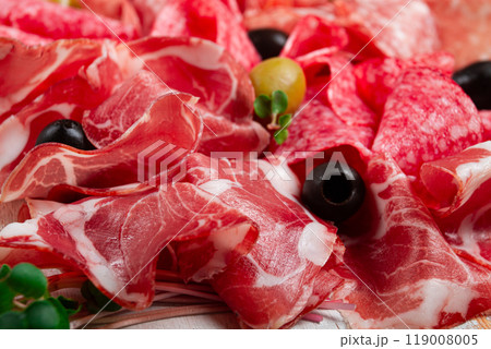 Assorted, meat appetizer, prosciutto, salami and ham, with olives , close-up, breakfast, top view, close-up, without people Assorted, meat appetizer, prosciutto, salami and ham, with olives , close-up, breakfast, top view, close-up, without people 119008005