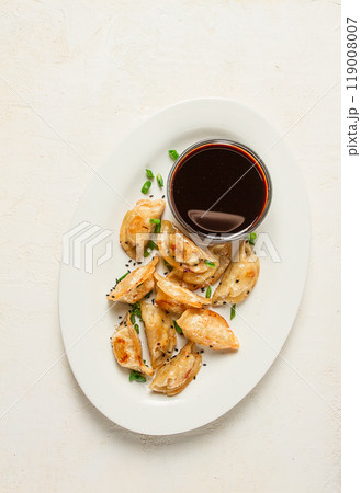 japanese fried gyoza dumplings, with pork, sesame seeds, green onions, 119008007