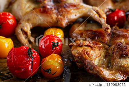 grilled quail meat, on a platter, tobacco, in the oven, with spices, homemade, without people, 119008033