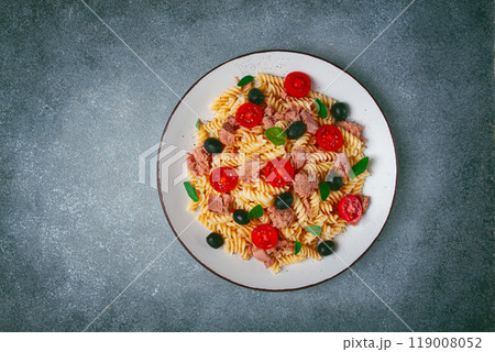 Tuna salad, fusilli pasta, olives and cherry, olive oil, homemade, 119008052