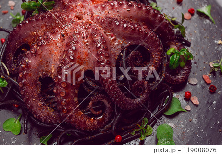 Octopus with black spaghetti, pasta, spices and herbs, top view, no people, Octopus with black spaghetti, pasta, spices and herbs, top view, no people, 119008076