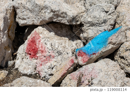 Stones with red and blue spots, Astrakeri, Corfu, Greece 119008114