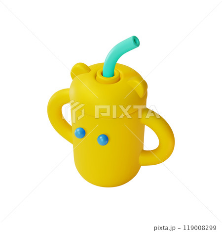 3d Baby Cup Sippy Reservoir Yellow with Straw Newborn Care Accessory Concept Cartoon Design Style Isolated on a White Background. Vector illustration 119008299