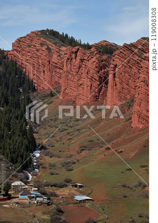 Rocks seven bulls, 7 oxen gorge Jety-Oguz. Popular touristic location, red rock travel destination place, Kyrgyzstan 119008308