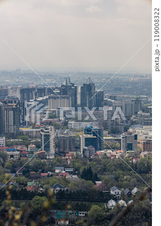 Panoramic view on Almaty city from mount Kok Tobe park. Cityscape at spring day. Haze smog above town, ecology problem 119008322