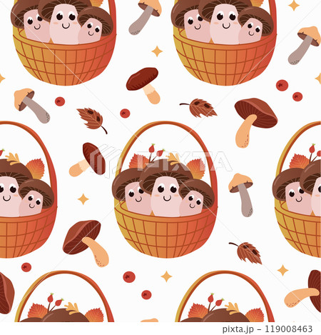 Cute autumn mushrooms in wicker basket. Cute autumn forest seamless pattern. Vector colorful background. Clipping Mask. 119008463