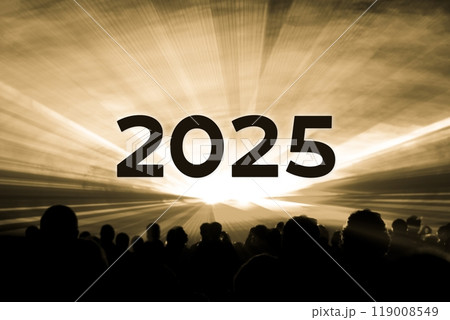 Happy new year 2025 yellow laser show party people crowd. Luxury entertainment with audience silhouettes turn of the year celebration. Premium nightlife event at holidays season party time. Happy new year 2025 yellow laser show party people crowd. Luxury entertainment with audience silhouettes turn of the year celebration. Premium nightlife event at holidays season party time. 119008549