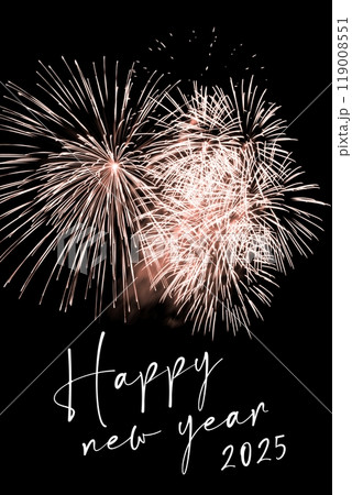 Happy new year 2025 orange fireworks stars new years eve. Luxury firework event sky show turn of the year celebration. Holidays season party time. Premium entertainment nightlife background. 119008551