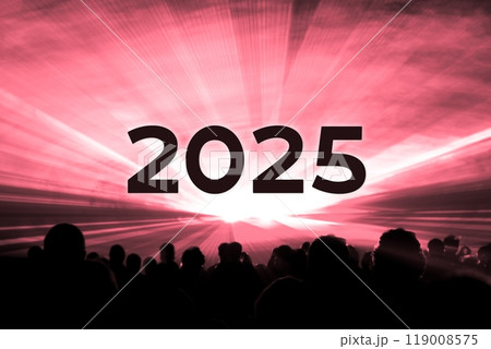 Happy new year 2025 red laser show party people crowd. Luxury entertainment with audience silhouettes turn of the year celebration. Premium nightlife event at holidays season party time. Happy new year 2025 red laser show party people crowd. Luxury entertainment with audience silhouettes turn of the year celebration. Premium nightlife event at holidays season party time. 119008575