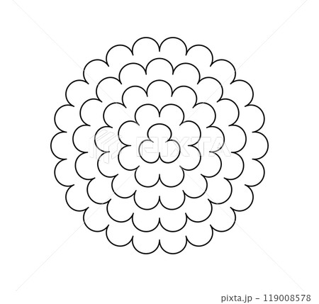 Circle scalloped frame. Scalloped edge round shape border. Simple label and sticker form. Flower silhouette lace frame. Vector illustration isolated on white background Circle scalloped frame. Scalloped edge round shape border. Simple label and sticker form. Flower silhouette lace frame. Vector illustration isolated on white background 119008578