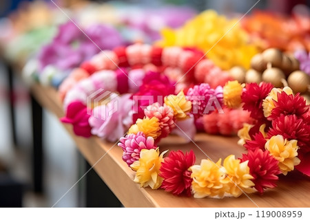 Colorful artificial Indian garland made by fabric. Garlands of red and yellow flowers. 119008959