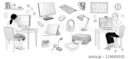 School-age boy and girl sitting at a computer and set elements about online learning - keyboard, printer, camera, microphone, tablet, stylus,screen, mouse computer School-age boy and girl sitting at a computer and set elements about online learning - keyboard, printer, camera, microphone, tablet, stylus,screen, mouse computer 119009102
