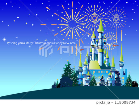 花火と城をバックにクリスマスと新年のカード 119009734