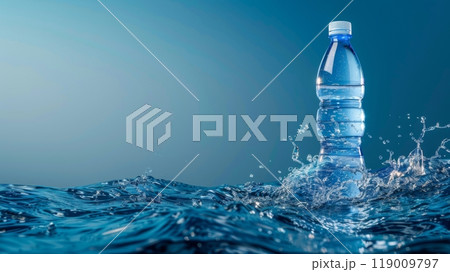 A water bottle stands upright amidst splashing waves, glistening under soft light in a calm ocean environment that highlights the refreshing nature of water A water bottle stands upright amidst splashing waves, glistening under soft light in a calm ocean environment that highlights the refreshing nature of water 119009797