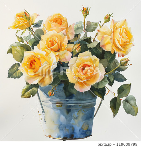 This artwork features a stunning arrangement of yellow roses in a blue bucket, capturing the essence of floral beauty with delicate brushstrokes and vibrant colors 119009799