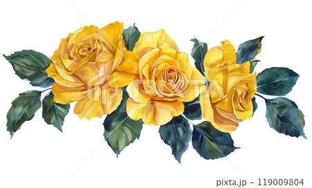 A stunning watercolor composition showcases vibrant yellow roses artfully arranged with rich green leaves, capturing the elegance of nature in delicate brushstrokes A stunning watercolor composition showcases vibrant yellow roses artfully arranged with rich green leaves, capturing the elegance of nature in delicate brushstrokes 119009804