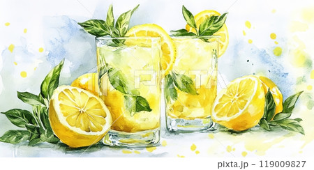 This vibrant composition features two tall glasses filled with a refreshing drink, garnished with fresh mint and surrounded by bright yellow lemons, evoking a cheerful summer vibe This vibrant composition features two tall glasses filled with a refreshing drink, garnished with fresh mint and surrounded by bright yellow lemons, evoking a cheerful summer vibe 119009827