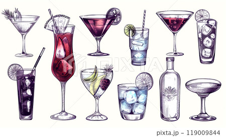 This collection presents a variety of drink and cocktail icons, including classic martinis, vibrant mixed drinks, and refreshing beverages, ideal for graphic design and branding 119009844