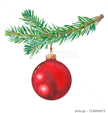 Red christmas ball hanging on fir tree branch.Twinkle toy on new year tree. Hand drawn watercolor illustration of xmas suspension bauble on isolated background. For greeting card, holiday invitation. 119009873