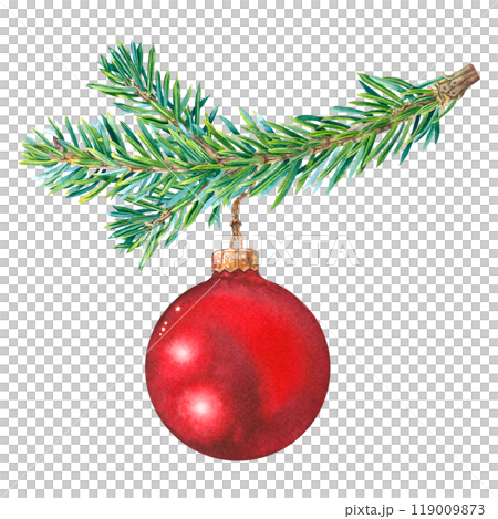 Red christmas ball hanging on fir tree branch.Twinkle toy on new year tree. Hand drawn watercolor illustration of xmas suspension bauble on isolated background. For greeting card, holiday invitation. 119009873