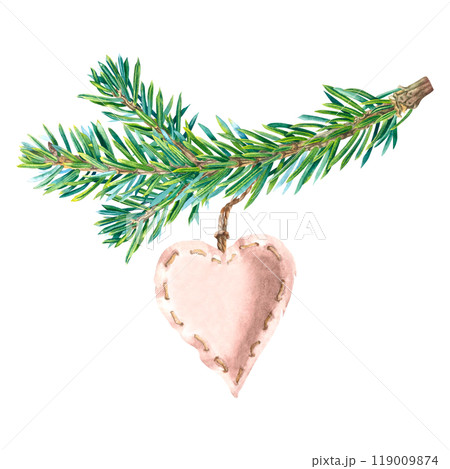 Pale pink sewn heart hanging on fir tree branch. Fabric toy on new year tree. Hand drawn watercolor illustration of suspension bauble on isolated background. For greeting card, holiday invitation. 119009874