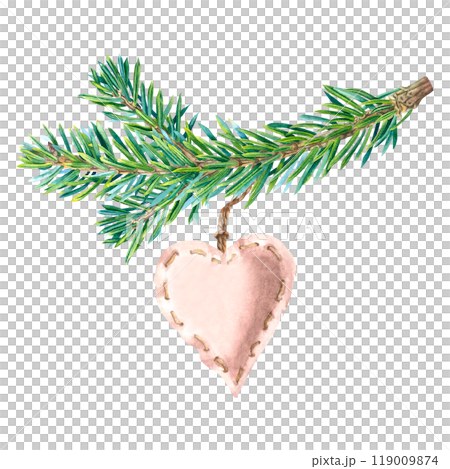 Pale pink sewn heart hanging on fir tree branch. Fabric toy on new year tree. Hand drawn watercolor illustration of suspension bauble on isolated background. For greeting card, holiday invitation. 119009874
